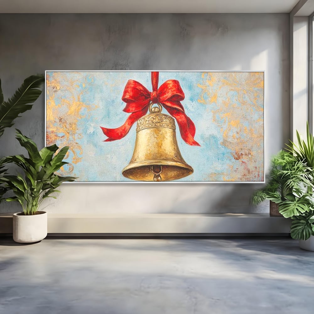 Tablou canvas cu pictura cu un clopot auriu si funda rosie, in rama de aluminiu argintiu